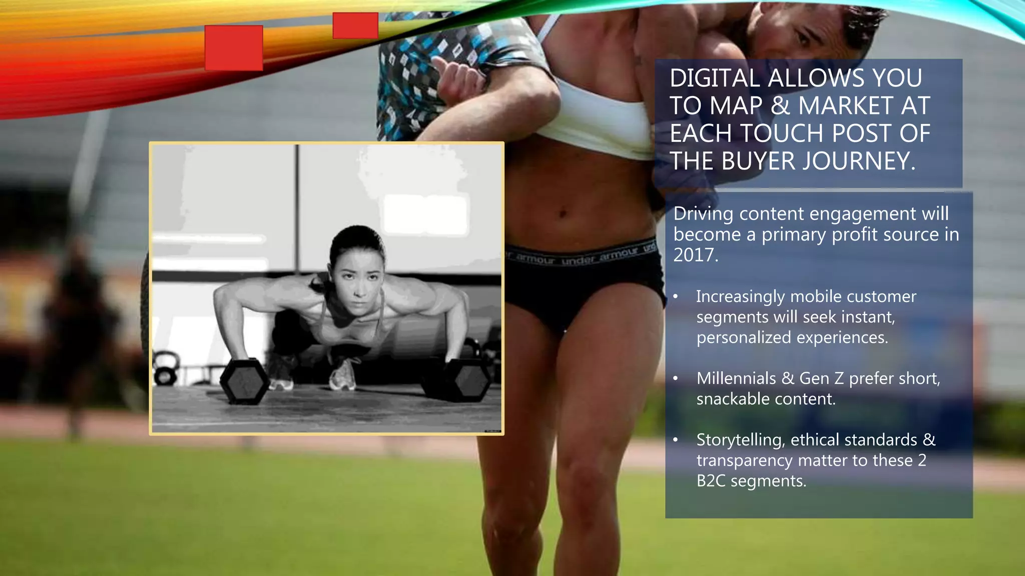 DIGITAL ALLOWS YOU
TO MAP & MARKET AT
EACH TOUCH POST OF
THE BUYER JOURNEY.
Driving content engagement will
become a primary profit source in
2017.
• Increasingly mobile customer
segments will seek instant,
personalized experiences.
• Millennials & Gen Z prefer short,
snackable content.
• Storytelling, ethical standards &
transparency matter to these 2
B2C segments.
 
