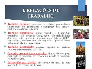 4. RELAÇÕES DE4. RELAÇÕES DE
TRABALHOTRABALHO
 Trabalho familiar: pequenas / médias propriedades,
subsistência ou jardinagem, subemprego nas cidades,
excluídos dos financiamentos.
 Trabalho temporário: nomes (boiá-fria – Centro-Sul,
corumbás – NE e Centro-Oeste, peões –N), trabalhadores
diaristas, não possuem vínculo empregatício (CTPS
registrada) , recebem por dia segundo a produtividade,
trabalha no plantio e na colheita.
 Trabalho assalariado: possuem registro em carteira,
recebem salário mínimo por mês.
 Parceria, arrendamento e meeiro: aluguel da terra pago
com parte da produção, em espécie ou metade da produção,
respectivamente.
 Escravidão por dívida: aliciamento da mão de obra
através de promessas mentirosas.
 