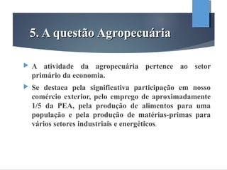 5. A questão Agropecuária5. A questão Agropecuária
 A atividade da agropecuária pertence ao setor
primário da economia.
 Se destaca pela significativa participação em nosso
comércio exterior, pelo emprego de aproximadamente
1/5 da PEA, pela produção de alimentos para uma
população e pela produção de matérias-primas para
vários setores industriais e energéticos.
 