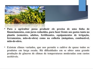 • Para o agricultor possa produzir ele precisa de uma linha de
financiamentos, com juros reduzidos, para fazer frente aos gastos tanto no
plantio (sementes, adubos, fertilizantes, equipamentos de irrigação,
ferramentas, mão-de-obra) como na colheita (máquinas, combustível,
mão-de-obra.
• Existem climas variados, que nos permite o cultivo de quase todos os
produtos em larga escala. Há dificuldades em se obter uma grande
produção de gêneros de climas de temperaturas moderadas com custos
aceitáveis.
 