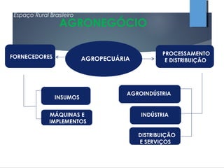 AGRONEGÓCIO
AGROPECUÁRIAFORNECEDORES
PROCESSAMENTO
E DISTRIBUIÇÃO
INSUMOS
MÁQUINAS E
IMPLEMENTOS
AGROINDÚSTRIA
INDÚSTRIA
DISTRIBUIÇÃO
E SERVIÇOS
GEOGRAFIA , 1º Ano do Ensino Médio
O Espaço Rural Brasileiro
 