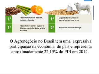 O Agronegócio no Brasil tem uma expressivaO Agronegócio no Brasil tem uma expressiva
participação na economia do país e representaparticipação na economia do país e representa
aproximadamente 22,15% do PIB em 2014.aproximadamente 22,15% do PIB em 2014.
 
