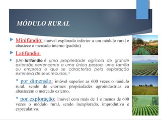 MÓDULO RURAL
 Minifúndio: imóvel explorado inferior a um módulo rural e
abastece o mercado interno (padrão)
 Latifúndio:
 (Um latifúndio é uma propriedade agrícola de grande
extensão pertencente a uma única pessoa, uma família
ou empresa e que se caracteriza pela exploração
extensiva de seus recursos.1])
* por dimensão: imóvel superior as 600 vezes o módulo
rural, sendo de enormes propriedades agroindustrias eu
abastecem o mercado externo.
* por exploração: imóvel com mais de 1 e menos de 600
vezes o módulo rural, sendo inexplorado, improdutivo e
especulativo.
 