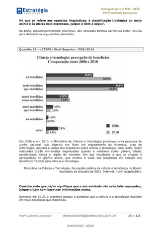 Português para o TCU AFCE
Profª Ludimila Lamounier
Profª. Ludimila Lamounier www.estrategiaconcursos.com.br 29 de 123
No que se refere aos aspectos linguísticos, à classificação tipológica do texto
acima e às ideias nele expressas, julgue o item a seguir.
No texto, predominantemente descritivo, são utilizados trechos narrativos como recurso
para defender os argumentos elencados.
Questão 35 (CESPE) Nível Superior - FUB/2014
Em 2006 e em 2010, o Ministério da Ciência e Tecnologia promoveu uma pesquisa de
cunho nacional cujo objetivo era fazer um mapeamento do interesse, grau de
informação, atitudes e visões dos brasileiros sobre ciência e tecnologia. Para tanto, foram
realizadas 2.016 entrevistas organizadas quanto a variáveis como gênero, idade,
escolaridade, renda e região de moradia. Um dos resultados a que se chegou é
apresentado no gráfico acima, que mostra a visão dos brasileiros em relação aos
benefícios trazidos pela ciência e tecnologia.
Ministério da Ciência e Tecnologia. Percepção pública da ciência e tecnologia no Brasil:
resultados da enquete de 2010. Internet: (com adaptações).
Considerando que ns/nr signifique que o entrevistado não sabe/não respondeu,
julgue o item com base nas informações acima.
Somente em 2010, o brasileiro passou a acreditar que a ciência e a tecnologia resultam
em mais benefícios que malefícios.
00000000000
00000000000 - DEMO
 