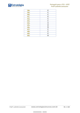 Português para o TCU AFCE
Profª Ludimila Lamounier
Profª. Ludimila Lamounier www.estrategiaconcursos.com.br 41 de 123
38. E
39. C
40. C
41. E
42. C
43. C
44. A
45. D
46. B
47. C
48. C
49. E
50. B
00000000000
00000000000 - DEMO
 