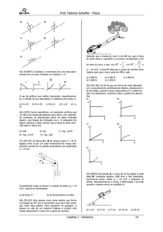 Prof. Fabricio Scheffer - Física 
Capítulo 1 - Dinâmica 14 
45) (FUVEST) Considere o movimento de uma bola aban-donada 
em um pano inclinado no instante t = 0. 
O par de gráficos que melhor representa, respectivamen-te, 
o módulo da sua velocidade e a distância percorrida, é: 
a) II e IV b) IV e III c) III e II d) I e II e) I e 
IV 
46) (UFCE) Numa experiência, um estudante verificou que 
um bloco de massa m deslizava para baixo, com velocida-de 
constante, se abandonado sobre um plano inclinado 
áspero, cujo ângulo de inclinação era . O estudante fez 
alguns cálculos e pôde concluir que a força de atrito exer-cida 
sobre o bloco era: 
a) nula b) mg c) mg sen 
d) mg  cos e) mg  tg 
47) (FEI-SP) Os blocos A e B de mesmo peso P = 20 N, 
ligados entre si por um cabo inextensível de massa des-prezível, 
movem-se no sentido ascendente com aceleração 
a = 5 m/s2. 
Considerando nulos os atritos e a massa da polia e g = 10 
m/s2, calcule as intensidades: 
a) da força 
F 
; b) da força tensora no cabo. 
48) (FEI-SP) Uma pessoa mora numa ladeira que forma 
um ângulo de 30o com a horizontal e seu carro não conse-gue 
subir essa ladeira. Para guardá-lo na garagem, a 
pessoa se vale de um sistema (roldana e cordas) com 
massa desprezível e conta com a ajuda de vizinhos. 
Sabendo que a massa do carro é de 800 kg, que a força 
de atrito entre a superfície e os pneus corresponde a 5% 
do peso do carro, e que sen30 
1 
2 
o  , cos30 
3 
2 
o  e 
g = 10 m/s2, a força F total que o grupo de vizinhos deve 
realizar para que o carro suba em MRU, vale: 
a) 5.000 N b) 4.400 N c) 3.600 N 
d) 3.000 N e) 2.200 N 
49) (PUC-RS) Um fio de aço em forma de mola helicoidal 
tem comportamento perfeitamente elástico, obedecendo à 
lei de Hooke, quando a força restauradora F e a deforma-ção 
X se relacionam, conforme indica o gráfico da alterna-tiva 
a) 
b) 
c) 
d) 
e) 
50) (MACK) Na posição A, o corpo de 10 kg, ligado à mola 
ideal M, constante elástica 1000 N/m e não distendida, 
encontra-se preso. Adote g = 10 m/s2 e despreze os 
atritos. Abandonando-se o corpo, a deformação x da mola 
quando o sistema entra em equilíbrio é: 
a) 1 cm b) 2 cm c) 5 cm d) 10 cm e) 20 cm 
 