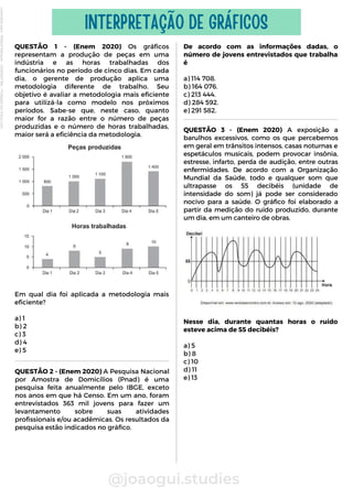 De acordo com as informações dadas, o
número de jovens entrevistados que trabalha
é
a) 114 708.
b) 164 076.
c) 213 444.
d) 284 592.
e) 291 582.
QUESTÃO 1 - (Enem 2020) Os gráficos
representam a produção de peças em uma
indústria e as horas trabalhadas dos
funcionários no período de cinco dias. Em cada
dia, o gerente de produção aplica uma
metodologia diferente de trabalho. Seu
objetivo é avaliar a metodologia mais eficiente
para utilizá-la como modelo nos próximos
períodos. Sabe-se que, neste caso, quanto
maior for a razão entre o número de peças
produzidas e o número de horas trabalhadas,
maior será a eficiência da metodologia.
Em qual dia foi aplicada a metodologia mais
eficiente?
a) 1
b) 2
c) 3
d) 4
e) 5
@joaogui.studies
INTERPRETAÇÃO DE GRÁFICOS
QUESTÃO 3 - (Enem 2020) A exposição a
barulhos excessivos, como os que percebemos
em geral em trânsitos intensos, casas noturnas e
espetáculos musicais, podem provocar insônia,
estresse, infarto, perda de audição, entre outras
enfermidades. De acordo com a Organização
Mundial da Saúde, todo e qualquer som que
ultrapasse os 55 decibéis (unidade de
intensidade do som) já pode ser considerado
nocivo para a saúde. O gráfico foi elaborado a
partir da medição do ruído produzido, durante
um dia, em um canteiro de obras.
Nesse dia, durante quantas horas o ruído
esteve acima de 55 decibéis?
a) 5
b) 8
c) 10
d) 11
e) 13
QUESTÃO 2 - (Enem 2020) A Pesquisa Nacional
por Amostra de Domicílios (Pnad) é uma
pesquisa feita anualmente pelo IBGE, exceto
nos anos em que há Censo. Em um ano, foram
entrevistados 363 mil jovens para fazer um
levantamento sobre suas atividades
profissionais e/ou acadêmicas. Os resultados da
pesquisa estão indicados no gráfico.
Licenciado
para
-
Wlliane
Marques
-
03063847364
-
Protegido
por
Eduzz.com
 