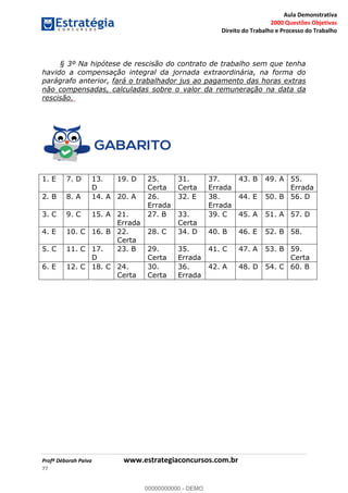Aula Demonstrativa
2000 Questões Objetivas
Direito do Trabalho e Processo do Trabalho
Profª Déborah Paiva www.estrategiaconcursos.com.br
77
§ 3º Na hipótese de rescisão do contrato de trabalho sem que tenha
havido a compensação integral da jornada extraordinária, na forma do
parágrafo anterior, fará o trabalhador jus ao pagamento das horas extras
não compensadas, calculadas sobre o valor da remuneração na data da
rescisão.
1. E 7. D 13.
D
19. D 25.
Certa
31.
Certa
37.
Errada
43. B 49. A 55.
Errada
2. B 8. A 14. A 20. A 26.
Errada
32. E 38.
Errada
44. E 50. B 56. D
3. C 9. C 15. A 21.
Errada
27. B 33.
Certa
39. C 45. A 51. A 57. D
4. E 10. C 16. B 22.
Certa
28. C 34. D 40. B 46. E 52. B 58.
5. C 11. C 17.
D
23. B 29.
Certa
35.
Errada
41. C 47. A 53. B 59.
Certa
6. E 12. C 18. C 24.
Certa
30.
Certa
36.
Errada
42. A 48. D 54. C 60. B
00000000000
00000000000 - DEMO
 