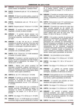 EXERCÍCIOS DA LEI 8.112/90
25
257. ERRADO - A Administração deverá rever seus atos
quando eivados de ilegalidade, a qualquer tempo.
258. CERTO - Estabelecido pelo art. 116, os deveres do
servidor.
259. ERRADO - É dever do servidor público, cumprir as
ordens superiores, exceto quando manifestamente
ilegais.
260. CERTO - Estabelecido pelo art. 116 da Lei n°.
8.112/90.
261. CERTO - Disposto pelo art. 116 da Lei n°. 8.112/90.
262. ERRADO - O servidor deve representar contra
ilegalidade, omissão ou abuso de poder.
263. ERRADO - O servidor deverá atender com
presteza, ao público em geral, prestando as
informações requeridas, ressalvadas as protegidas
por sigilo.
264. ERRADO - O art. 116 da Lei n°. 8.122/90
estabelece os deveres do servidor. Entre eles, está
expresso o dever de zelar pela economia do
material e a conservação do património público.
265. ERRADO - O servidor deverá manter conduta
compatível com a moralidade pública.
266. CERTO - O art. 116 da Lei n°. 8.112/90 estabelece
os deveres do servidor público.
267. ERRADO - É proibido o servidor ausentar-se do
serviço, sem prévia autorização do chefe imediato,
estando sujeito a advertência. Ver artigos 117 e
129 da Lei n°. 8.112/90.
268. CERTO - Retirar, sem prévia anuência da
autoridade competente, qualquer documento ou
objeto da repartição, consiste uma das proibições
do servidor. Lembrando que a inobservância desta
o servidor estará sujeito a advertência.
269. CERTO-Ver art. 117 e 129 da Lei n°. 8112/90.
270. ERRADO - É proibido ao servidor opor resistência
injustificada ao andamento de documento e
processo ou execução de serviço, sujeito a
penalidade advertência. Ver art. 117 e 129 da Lei
n°. 8112/90.
271. ERRADO - A Lei deixa claro que é proibido ao
servidor promover manifestação de apreço ou
desapreço no recinto da repartição, sujeito a
advertência. Ver artigos 117 e 129 da Lei n°.
8112/90.
272. CERTO - Ver artigos 117 e 129 da Lei n°. 8112/90.
273. ERRADO - A Lei n°. 8.112/90 dispõe que é proibido
ao servidor coagir ou aliciar subordinado no sentido
de filiarem-se a associação profissional ou sindical,
ou a partido político, sujeito a advertência,
conforme previsto nos artigos 117 e 129 da Lei n°
8.112/90.
274. ERRADO - É proibido ao servidor manter sob sua
chefia imediata, em cargo ou função de confiança,
cônjuge, companheiro ou parente até o segundo
grau civil.
275. CERTO - Está previsto no art. 117. Lembrando que
nesse caso, o servidor está sujeito à demissão.
276. ERRADO - O servidor que valer-se do cargo para
lograr proveito pessoal ou de outrern, em
detrimento da dignidade da função pública, ficará
incompatibilizado para nova investidura em cargo
público federal pelo prazo de cinco anos. Ver
artigos 117,129 e 137 da Lei n°. 8112/90.
277. CERTO - A lei proíbe o servidor de participar de
gerência ou administração de sociedade privada,
personificada ou não personificada, salvo a
participação nos conselhos de administração e
fiscal de empresas ou entidades em que a União
detenha participação no capital social, direta ou
indiretamente, ou em sociedade cooperativa
constituída para prestar serviços a seus membros,
e exercer o comércio, exceto na qualidade de
cotista, acionista ou comanditário. Nesse caso, o
servidor estará sujeito à penalidade de demissão.
278. ERRADO - Ver comentários do item anterior.
279. CERTO - Ver artigos 117 e 129 da Lei n°. 8112/90.
280. CERTO - Ver artigos 117, 129 e 137 da Lei n°.
8112/90.
281. CERTO - Ver artigos 117 e 129 da Lei n°. 8112/90.
282. ERRADO - E proibido ao servidor aceitar
comissão, emprego ou pensão de estado
estrangeiro, resultando em demissão do servidor.
283. ERRADO - Está explícito na Lei n°. 8.112/90 que é
proibido ao servidor praticar usura sob qualquer de
suas formas, sujeito à penalidade de demissão.
284. ERRADO - O servidor que proceder de forma
desidiosa está sujeito à demissão.
285. CERTO - Ver artigos 117 e 129 da Lei n°. 8112/90.
286. CERTO - Ver artigos 117 e 129 da Lei n°. 8112/90.
287. ERRADO - Ao servidor é proibido exercer
quaisquer atividades que sejam incompatíveis
com o exercício do cargo ou função e com o horário
de trabalho, sob pena de suspensão. Ver artigos
117 e 129 da Lei n°. 8112/90.
288. CERTO - Ver artigos 117 e 129 da Lei n°. 8112/90.
 