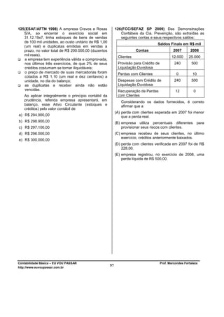 125 (ESAF/AFTN 1998) A empresa Cravos e Rosas                126 (FCC/SEFAZ SP 2009) Das Demonstrações
    S/A, ao encerrar o exercício social em                       Contábeis da Cia. Prevenção, são extraídas as
    31.12.19x7, tinha estoques de bens de vendas                 seguintes contas e seus respectivos saldos:
    de 100 mil unidades, ao custo unitário de R$ 1,00
                                                                                     Saldos Finais em R$ mil
    (um real) e duplicatas emitidas em vendas a
    prazo, no valor total de R$ 200.000,00 (duzentos                     Contas                  2007        2008
    mil reais).
                                                              Clientes                          12.000      25.000
    a empresa tem experiência válida e comprovada,
    nos últimos três exercícios, de que 2% de seus            Provisão para Crédito de            240         500
    créditos costumam se tornar iliquidáveis;                 Liquidação Duvidosa
    o preço de mercado de suas mercadorias foram              Perdas com Clientes                  0          10
    cotados a R$ 1,10 (um real e dez centavos) a
    unidade, no dia do balanço;                               Despesas com Crédito de             240         500
    as duplicatas a receber ainda não estão                   Liquidação Duvidosa
    vencidas.                                                 Recuperação de Perdas                12          0
   Ao aplicar integralmente o princípio contábil da           com Clientes
   prudência, referida empresa apresentará, em                  Considerando os dados fornecidos, é correto
   balanço, esse Ativo Circulante (estoques e                   afirmar que a
   créditos) pelo valor contábil de
                                                             (A) perda com clientes esperada em 2007 foi menor
a) R$ 294.900,00                                                 que a perda real.
b) R$ 298.900,00                                             (B) empresa utiliza percentuais diferentes            para
c) R$ 297.100,00                                                 provisionar seus riscos com clientes.
d) R$ 296.000,00                                             (C) empresa recebeu de seus clientes, no último
                                                                 exercício, créditos anteriormente baixados.
e) R$ 300.000,00
                                                             (D) perda com clientes verificada em 2007 foi de R$
                                                                 228,00.
                                                             (E) empresa registrou, no exercício de 2008, uma
                                                                 perda líquida de R$ 500,00.




Contabilidade Básica – EU VOU PASSAR                                                     Prof. Marcondes Fortaleza
http://www.euvoupassar.com.br
                                                        57
 