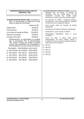 DEMONSTRAÇÃO DO RESULTADO DO                                            168 (ESAF/ANALISTA SEFAZ SP 2009) A empresa
               EXERCÍCIO - DRE                                                    Soledade S/A, de Guaraí, no Estado do
                                                                                  Tocantins, tem um capital social de R$
-----------------------------------------------------------------------
                                                                                  240.000,00, formado por 30.000 ações
                                                                                  ordinárias, que dão a seus donos direitos iguais.
167 (ESAF/AUDITOR RECIFE 2003) A empresa “Y”                                      No exercício de 2008, a empresa finalizou,
    Ltda., no encerramento do exercício de 2002,                                  corretamente, a sua demonstração de resultado
    obteve as seguintes informações:                                              do exercício com os seguintes valores:
                                               Valores em R$                      Lucro líquido antes do Imposto de Renda
                                                                                  186.000,00
Capital Social                                       50.000,00
                                                                                  Provisão para Imposto de Renda e Contribuição
Financiamentos                                       30.000,00
                                                                                  Social sobre o Lucro Líquido 31.500,00
Lucro Antes do Imposto de Renda                    100.000,00
                                                                                  Participações   Estatutárias    sobre    o    Lucro
Prejuízos Acumulados                                 20.000,00
                                                                                  10.500,00
Provisão p/ IR e CSLL                                25.000,00
                                                                                  Como se sabe, a última linha dessa
     Estatutariamente, as participações no resultado                              demonstração de lucros deverá indicar o
     são: a) empregados 10%; b) administradores                                   montante do lucro por ação do capital social que,
     10%. Indique a opção que contém os valores                                   neste caso, será no valor de
     corretos das participações dos Empregados e
                                                                               a) R$ 1,67.
     Administradores e do Lucro Líquido do Exercício.
                                                                               b) R$ 4,80.
   Empregados          Administradores Lucro Líquido
                                                                               c) R$ 5,15.
a) R$ 10.000,00 R$ 10.000,00                  R$ 55.000,00
                                                                               d) R$ 6,20.
b) R$ 7.500,00           R$ 7.500,00          R$ 60.000,00
                                                                               e) R$ 8,00.
c) R$ 7.500,00           R$ 6.750,00          R$ 60.750,00
d) R$ 5.500,00           R$ 5.500,00          R$ 64.000,00
e) R$ 5.500,00           R$ 4.950,00          R$ 64.550,00




Contabilidade Básica – EU VOU PASSAR                                                                     Prof. Marcondes Fortaleza
http://www.euvoupassar.com.br
                                                                          71
 