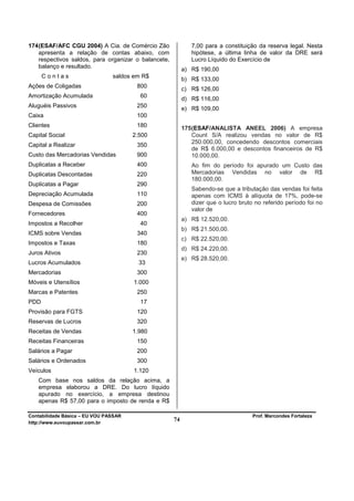 174 (ESAF/AFC CGU 2004) A Cia. de Comércio Zão                7,00 para a constituição da reserva legal. Nesta
    apresenta a relação de contas abaixo, com                 hipótese, a última linha de valor da DRE será
    respectivos saldos, para organizar o balancete,           Lucro Líquido do Exercício de
    balanço e resultado.
                                                           a) R$ 190,00
      Contas                    saldos em R$
                                                           b) R$ 133,00
Ações de Coligadas                      800                c) R$ 126,00
Amortização Acumulada                    60
                                                           d) R$ 116,00
Aluguéis Passivos                       250                e) R$ 109,00
Caixa                                   100
Clientes                                180                175 (ESAF/ANALISTA ANEEL 2006) A empresa
Capital Social                         2.500                   Count S/A realizou vendas no valor de R$
                                                               250.000,00, concedendo descontos comerciais
Capital a Realizar                      350
                                                               de R$ 6.000,00 e descontos financeiros de R$
Custo das Mercadorias Vendidas          900                    10.000,00.
Duplicatas a Receber                    400                   Ao fim do período foi apurado um Custo das
Duplicatas Descontadas                  220                   Mercadorias Vendidas no valor de R$
                                                              180.000,00.
Duplicatas a Pagar                      290
                                                              Sabendo-se que a tributação das vendas foi feita
Depreciação Acumulada                   110                   apenas com ICMS à alíquota de 17%, pode-se
Despesa de Comissões                    200                   dizer que o lucro bruto no referido período foi no
                                                              valor de
Fornecedores                            400
                                                           a) R$ 12.520,00.
Impostos a Recolher                      40
                                                           b) R$ 21.500,00.
ICMS sobre Vendas                       340
                                                           c) R$ 22.520,00.
Impostos e Taxas                        180
                                                           d) R$ 24.220,00.
Juros Ativos                            230
                                                           e) R$ 28.520,00.
Lucros Acumulados                        33
Mercadorias                             300
Móveis e Utensílios                    1.000
Marcas e Patentes                       250
PDD                                      17
Provisão para FGTS                      120
Reservas de Lucros                      320
Receitas de Vendas                     1.980
Receitas Financeiras                    150
Salários a Pagar                        200
Salários e Ordenados                    300
Veículos                               1.120
   Com base nos saldos da relação acima, a
   empresa elaborou a DRE. Do lucro líquido
   apurado no exercício, a empresa destinou
   apenas R$ 57,00 para o imposto de renda e R$

Contabilidade Básica – EU VOU PASSAR                                                 Prof. Marcondes Fortaleza
http://www.euvoupassar.com.br
                                                      74
 