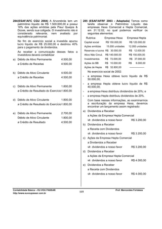 284 (ESAF/AFC CGU 2004) A Arvorebrás tem um             285 (ESAF/AFRF 2003 - Adaptada) Temos como
    patrimônio líquido de R$ 1.500.000,00 e possui         tarefa observar o Patrimônio Líquido das
    18% das ações emitidas pela Piauí Queijos &            empresas Hexa Comercial e Hepta Comercial,
    Doces, sendo sua coligada. O investimento não é        em 31.12.02, no qual podemos verificar os
    considerado relevante, nem avaliado por                seguintes elementos:
    equivalência patrimonial.
                                                             Rubrica            Empresa Hexa       Empresa Hepta
   No fim do exercício social a investida apurou            Capital social      R$ 150.000,00       R$ 120.000,00
   lucro líquido de R$ 25.000,00 e destinou 40%
   para o pagamento de dividendos.                          Ações emitidas       15.000 unidades    12.000 unidades
                                                            Reservas e lucros R$ 30.000,00          R$ 12.000,00
   Ao receber a comunicação desses fatos a
   investidora deverá contabilizar                          Ativo Não Circul.   R$ 140.000,00       R$ 150.000,00
a) Débito de Ativo Permanente          4.500,00             Investimentos       R$ 72.000,00        R$ 37.000,00

   a Crédito de Receitas               4.500,00             Ações do BB         R$ 10.000,00        R$     6.000,00
                                                            Ações de Hepta      R$ 52.800,00        ------------------

b) Débito de Ativo Circulante          4.500,00                No exercício social de 2002:

   a Crédito de Receitas               4.500,00         -      a empresa Hexa obteve lucro líquido de R$
                                                               50.000,00;
                                                        -      a empresa Hepta obteve lucro líquido de R$
c) Débito de Ativo Permanente          1.800,00                40.000,00;
   a Crédito de Resultado do Exercício1.800,00          -      a empresa Hexa distribuiu dividendos de 20%; e
                                                        -      a empresa Hepta distribuiu dividendos de 20%.
d) Débito de Ativo Circulante          1.800,00                Com base nessas informações, ao examinarmos
   a Crédito de Resultado do Exercício1.800,00                 a escrituração da empresa Hexa, devemos
                                                               encontrar um lançamento assim registrado:
                                                        a) Dividendos a Receber
e) Débito de Ativo Permanente          2.700,00
                                                               a Ações da Empresa Hepta Comercial
   Débito de Ativo Circulante          1.800,00
                                                               vlr. dividendos a nosso favor          R$ 3.200,00
   a Crédito de Resultado              4.500,00
                                                        b) Dividendos a Receber
                                                               a Receita com Dividendos
                                                               vlr. dividendos a nosso favor          R$ 3.200,00
                                                        c) Ações da Empresa Hepta Comercial
                                                               a Dividendos a Receber
                                                               vlr. dividendos a nosso favor          R$ 3.200,00
                                                        d) Dividendos a Receber
                                                               a Ações da Empresa Hepta Comercial
                                                               vlr. dividendos a nosso favor          R$ 4.000,00
                                                        e) Dividendos a Receber
                                                               a Receita com Dividendos
                                                               vlr. dividendos a nosso favor          R$ 4.000,00




Contabilidade Básica – EU VOU PASSAR                                                    Prof. Marcondes Fortaleza
http://www.euvoupassar.com.br
                                                      115
 