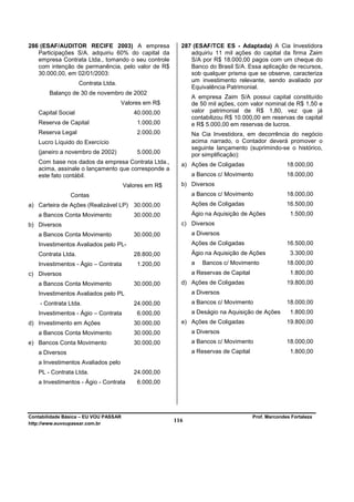 286 (ESAF/AUDITOR RECIFE 2003) A empresa                 287 (ESAF/TCE ES - Adaptada) A Cia Investidora
   Participações S/A. adquiriu 60% do capital da            adquiriu 11 mil ações do capital da firma Zaim
   empresa Contrata Ltda., tomando o seu controle           S/A por R$ 18.000,00 pagos com um cheque do
   com intenção de permanência, pelo valor de R$            Banco do Brasil S/A. Essa aplicação de recursos,
   30.000,00, em 02/01/2003:                                sob qualquer prisma que se observe, caracteriza
                                                            um investimento relevante, sendo avaliado por
                    Contrata Ltda.
                                                            Equivalência Patrimonial.
        Balanço de 30 de novembro de 2002
                                                             A empresa Zaim S/A possui capital constituído
                                     Valores em R$           de 50 mil ações, com valor nominal de R$ 1,50 e
   Capital Social                         40.000,00          valor patrimonial de R$ 1,80, vez que já
                                                             contabilizou R$ 10.000,00 em reservas de capital
   Reserva de Capital                      1.000,00          e R$ 5.000,00 em reservas de lucros.
   Reserva Legal                           2.000,00          Na Cia Investidora, em decorrência do negócio
   Lucro Líquido do Exercício                                acima narrado, o Contador deverá promover o
                                                             seguinte lançamento (suprimindo-se o histórico,
   (janeiro a novembro de 2002)            5.000,00          por simplificação):
   Com base nos dados da empresa Contrata Ltda.,         a) Ações de Coligadas                     18.000,00
   acima, assinale o lançamento que corresponde a
   este fato contábil.                                       a Bancos c/ Movimento                 18.000,00
                                       Valores em R$     b) Diversos
                Contas                                       a Bancos c/ Movimento                 18.000,00
a) Carteira de Ações (Realizável LP) 30.000,00               Ações de Coligadas                    16.500,00
   a Bancos Conta Movimento               30.000,00          Ágio na Aquisição de Ações             1.500,00
b) Diversos                                              c) Diversos
   a Bancos Conta Movimento               30.000,00          a Diversos
   Investimentos Avaliados pelo PL-                          Ações de Coligadas                    16.500,00
   Contrata Ltda.                         28.800,00          Ágio na Aquisição de Ações             3.300,00
   Investimentos - Ágio – Contrata         1.200,00          a   Bancos c/ Movimento               18.000,00
c) Diversos                                                  a Reservas de Capital                  1.800,00
   a Bancos Conta Movimento               30.000,00      d) Ações de Coligadas                     19.800,00
   Investimentos Avaliados pelo PL                           a Diversos
    - Contrata Ltda.                      24.000,00          a Bancos c/ Movimento                 18.000,00
   Investimentos - Ágio – Contrata         6.000,00          a Deságio na Aquisição de Ações        1.800,00
d) Investimento em Ações                  30.000,00      e) Ações de Coligadas                     19.800,00
   a Bancos Conta Movimento               30.000,00          a Diversos
e) Bancos Conta Movimento                 30.000,00          a Bancos c/ Movimento                 18.000,00
   a Diversos                                                a Reservas de Capital                  1.800,00
   a Investimentos Avaliados pelo
   PL - Contrata Ltda.                    24.000,00
   a Investimentos - Ágio - Contrata       6.000,00




Contabilidade Básica – EU VOU PASSAR                                                 Prof. Marcondes Fortaleza
http://www.euvoupassar.com.br
                                                       116
 