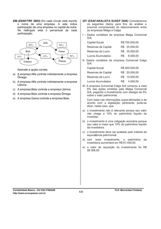 296 (ESAF/TRF 2003) Em cada círculo está inscrito       297 (ESAF/ANALISTA SUSEP 2006) Consideremos
   o nome de uma empresa. A seta indica                    os seguintes dados para fins de análise e
   participação de uma empresa no capital de outra.        possível compreensão do relacionamento entre
   No retângulo está o percentual de cada                  as empresas Melga e Celga.
   participação.
                                                        I - Dados contábeis da empresa Melga Comercial
                                                            S/A:
                                                            Capital Social             R$ 700.000,00
                                                            Reservas de Capital        R$ 25.000,00
                                                            Reservas de Lucro          R$ 35.000,00
                                                            Lucros Acumulados          R$     8.000,00
                                                        II- Dados contábeis da empresa Comercial Celga
                                                            S/A:
                                                            Capital Social             R$ 400.000,00
   Assinale a opção correta.
                                                            Reservas de Capital        R$ 20.000,00
a) A empresa Alfa controla indiretamente a empresa
   Ômega.                                                   Reservas de Lucro          R$ 10.000,00
b) A empresa Alfa controla indiretamente a empresa          Lucros Acumulados          R$     4.000,00
   Lâmina.                                              III- A empresa Comercial Celga S/A comprou a vista
c) A empresa Beta controla a empresa Lâmina.                 8% das ações emitidas pela Melga Comercial
                                                             S/A, pagando o investimento com deságio de 5%
d) A empresa Beta controla a empresa Ômega.
                                                             sobre o valor patrimonial.
e) A empresa Gama controla a empresa Beta.
                                                            Com base nas informações supra-alinhadas e de
                                                            acordo com a legislação pertinente, pode-se
                                                            dizer, neste caso, que
                                                        a) o investimento não é relevante porque seu valor
                                                           não chega a 10% do patrimônio líquido da
                                                           investida.
                                                        b) o investimento é uma coligação acionária porque
                                                           seu valor é maior que 10% do patrimônio líquido
                                                           da investidora.
                                                        c) o investimento deve ser avaliado pelo método da
                                                           equivalência patrimonial.
                                                        d) com esse investimento, o patrimônio                da
                                                           investidora aumentará em R$ 61.440,00.
                                                        e) o valor de aquisição do investimento foi R$
                                                           58.368,00.




Contabilidade Básica – EU VOU PASSAR                                              Prof. Marcondes Fortaleza
http://www.euvoupassar.com.br
                                                      121
 
