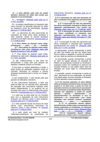 VI - o ativo diferido, pelo valor do capital               instrumentos financeiros. (Incluído pela Lei nº
   aplicado, deduzido do saldo das contas que                   11.638,de 2007)
   registrem a sua amortização.
                                                                  § 2º A diminuição de valor dos elementos do
    VI – (revogado); (Redação dada pela Lei nº                  ativo imobilizado será registrada periodicamente
   11.941, de 2009)                                             nas                   contas                   de:
                                                                         o
                                                                      § 2 A diminuição do valor dos elementos
    VII – os direitos classificados no intangível, pelo
                                                                dos ativos imobilizado, intangível e diferido será
   custo incorrido na aquisição deduzido do saldo
                                                                registrada periodicamente nas contas de:
   da respectiva conta de amortização; (Incluído
                                                                (Redação dada pela Lei nº 11.638,de 2007)
   pela Lei nº 11.638,de 2007)                                           o
                                                                      § 2 A diminuição do valor dos elementos
     VIII – os elementos do ativo decorrentes de                dos ativos imobilizado e intangível será
   operações de longo prazo serão ajustados a                   registrada periodicamente nas contas de:
   valor presente, sendo os demais ajustados                    (Redação dada pela Medida Provisória nº 449,
   quando houver efeito relevante. (Incluído pela Lei           de 2008)
   nº 11.638,de 2007)                                               o
                                                                 § 2 A diminuição do valor dos elementos dos
     § 1º Para efeitos do disposto neste artigo,                ativos imobilizado e intangível será registrada
   considera-se       valor      de     mercado:                periodicamente nas contas de: (Redação dada
           o
        § 1 Para efeitos do disposto neste artigo,              pela Lei nº 11.941, de 2009)
   considera-se valor justo: (Redação dada pela
   Medida Provisória nº 449, de 2008)                             a) depreciação, quando corresponder à perda
         o
                                                                do valor dos direitos que têm por objeto bens
     § 1 Para efeitos do disposto neste artigo,                 físicos sujeitos a desgaste ou perda de utilidade
   considera-se valor justo: (Redação dada pela Lei             por uso, ação da natureza ou obsolescência;
   nº 11.941, de 2009)
                                                                  b) amortização, quando corresponder à perda
     a) das matérias-primas e dos bens em                       do valor do capital aplicado na aquisição de
   almoxarifado, o preço pelo qual possam ser                   direitos da propriedade industrial ou comercial e
   repostos, mediante compra no mercado;                        quaisquer outros com existência ou exercício de
    b) dos bens ou direitos destinados à venda, o               duração limitada, ou cujo objeto sejam bens de
   preço líquido de realização mediante venda no                utilização por prazo legal ou contratualmente
   mercado, deduzidos os impostos e demais                      limitado;
   despesas necessárias para a venda, e a margem                 c) exaustão, quando corresponder à perda do
   de lucro;                                                    valor, decorrente da sua exploração, de direitos
    c) dos investimentos, o valor líquido pelo qual             cujo objeto sejam recursos minerais ou florestais,
   possam ser alienados a terceiros.                            ou bens aplicados nessa exploração.

     d) dos instrumentos financeiros, o valor que                 § 3º Os recursos aplicados no ativo diferido
   pode se obter em um mercado ativo, decorrente                serão amortizados periodicamente, em prazo não
   de transação não compulsória realizada entre                 superior a 10 (dez) anos, a partir do início da
   partes independentes; e, na ausência de um                   operação normal ou do exercício em que passem
   mercado ativo para um determinado instrumento                a ser usufruídos os benefícios deles decorrentes,
   financeiro: (Incluída pela Lei nº 11.638,de 2007)            devendo ser registrada a perda do capital
                                                                aplicado        quando       abandonados       os
     1) o valor que se pode obter em um mercado                 empreendimentos ou atividades a que se
   ativo com a negociação de outro instrumento                  destinavam, ou comprovado que essas
   financeiro de natureza, prazo e risco similares;             atividades não poderão produzir resultados
   (Incluído pela Lei nº 11.638,de 2007)                        suficientes            para          amortizá-los.
                                                                              o
     2) o valor presente líquido dos fluxos de caixa                   § 3       A companhia deverá efetuar,
   futuros para instrumentos financeiros de                     periodicamente, análise sobre a recuperação dos
   natureza, prazo e risco similares; ou (Incluído              valores registrados no imobilizado, no intangível
   pela Lei nº 11.638,de 2007)                                  e no diferido, a fim de que sejam: (Redação dada
                                                                pela       Lei       nº      11.638,de      2007)
    3) o valor obtido por meio de modelos                                   o
                                                                        § 3 A companhia deverá efetuar,
   matemático-estatísticos de precificação de                   periodicamente, análise sobre a recuperação dos
Contabilidade Básica – EU VOU PASSAR                                                   Prof. Marcondes Fortaleza
http://www.euvoupassar.com.br
                                                          132
 