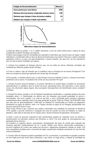 a) Qual das linhas do gráfico, 1 ou 2, melhor representa a curva de sobrevivência para a espécie de peixe
considerada na tabela? Justifique sua resposta.
b) Qual a porcentagem total de mortalidade pré-reprodutiva (indivíduos que morrem antes de chegar à idade
reprodutiva, considerando todas as fases de desenvolvimento) para essa espécie? Para que a espécie mantenha
populações estáveis, ou seja, com aproximadamente o mesmo tamanho, ano após ano, sua taxa reprodutiva
deve ser alta ou baixa? Justifique sua resposta.

6. (Unesp) Um estudante de biologia observou que, em um ninho de saúvas, diferentes atividades são
realizadas por diferentes grupos dessas formigas.

a) Como se chama o tipo de interação que se estabelece entre as formigas de um mesmo formigueiro? Cite
mais um exemplo de animal que apresenta este mesmo tipo de interação.

b) Em seguida, o estudante afirmou que, se cada formiga resolvesse trabalhar só para si, o homem teria menos
problemas com as saúvas. O estudante está correto em sua conclusão? Por quê?

7. (Unesp) O garoto gosta de biologia e, de pronto, identificou no quintal alguns exemplos de associações
interespecíficas: as orquídeas, fixas ao tronco da árvore, apresentam raízes com micorrizas e, nesse mesmo
tronco, são observados alguns liquens. Que associações interespecíficas são identificadas nesses exemplos?
Justifique.

8. (Unesp) Nas cheias, quando os rios do Pantanal naturalmente transbordam, a vegetação herbácea das áreas
inundadas morre e é transformada em detritos que vão alimentar uma grande quantidade de peixes e
invertebrados. Nas secas, quando o rio volta ao seu leito, o solo é fertilizado pelos nutrientes originados
principalmente dessa vegetação morta. Um artigo publicado no jornal "Folha de S.Paulo" de 09.08.2005 relata
que uma área de aproximadamente 5 000 km£ no Pantanal foi transformada em trechos de alagamento
permanente na região de planície, onde o rio Taquari encontra as águas do rio Paraguai, prejudicando esse
processo natural de cheias e secas.
Nesse artigo afirma-se que o processo que acabou ocasionando essa inundação foi acelerado na década de
1970, quando o governo incentivou a ocupação das áreas de cerrado em torno do Pantanal, na região de
planaltos, onde estão as nascentes do rio Taquari, para o desenvolvimento da agricultura e da pecuária.

a) Qual o nome do processo responsável pela transformação gradual da vegetação morta em detritos e
posteriormente em nutrientes minerais que fertilizam os solos? Cite dois grupos de microrganismos que
participam desse processo.
b) Considere os seguintes fatores: assoreamento, desmatamento das áreas de cerrado para expansão das
fronteiras agrícolas, transbordamento do rio e erosão. Ordene esses fatores, descrevendo sucintamente a
provável seqüência de eventos que acabou por provocar o alagamento permanente relatado no artigo. Cite
uma conseqüência imediata para a economia da região causada pela inundação permanente de uma área tão
extensa de pantanal.

9. (Unesp) Além de lançarem grandes quantidades de CO‚ na atmosfera, as queimadas em grandes extensões
de terra ainda provocam sérios danos ambientais, o que inclui, no longo prazo, a redução da fertilidade do

Curso do Edilson                   www.CURSODOEDILSON.com.br                            Curso do Edilson
 