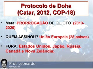 Protocolo de DohaProtocolo de Doha
(Catar, 2012, COP-18)(Catar, 2012, COP-18)
• Meta: PRORROGAÇÃO DE QUIOTO (2013-
2020)
• QUEM ASSINOU? União Europeia (28 países)
• FORA: Estados Unidos, Japão, Rússia,
Canadá e Nova Zelândia;
 