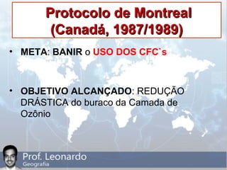 Protocolo de MontrealProtocolo de Montreal
(Canadá, 1987/1989)(Canadá, 1987/1989)
• META: BANIR o USO DOS CFC`s
• OBJETIVO ALCANÇADO: REDUÇÃO
DRÁSTICA do buraco da Camada de
Ozônio
 