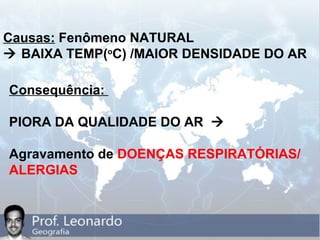 Causas: Fenômeno NATURAL
 BAIXA TEMP(o
C) /MAIOR DENSIDADE DO AR
Consequência:
PIORA DA QUALIDADE DO AR 
Agravamento de DOENÇAS RESPIRATÓRIAS/
ALERGIAS
 