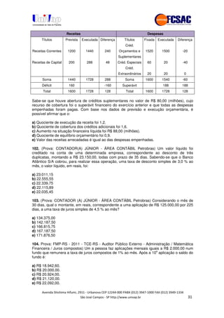 !" # $ !" ""
% & ' ( ))(*++, , , - (- "
Receitas Despesas
Títulos Prevista Executada Diferença Títulos Fixada Executada Diferença
Créd.
Receitas Correntes 1200 1440 240 Orçamentos e 1520 1500 -20
Suplementares
Receitas de Capital 200 288 48 Créd. Especiais 60 20 -40
Créd.
Extraordinários 20 20 0
Soma 1440 1728 288 Soma 1600 1540 -60
Déficit 160 -160 Superávit 188 188
Total 1600 1728 128 Total 1600 1728 128
Sabe-se que houve abertura de créditos suplementares no valor de R$ 80,00 (milhões), cujo
recurso de cobertura foi o superávit financeiro do exercício anterior e que todas as despesas
empenhadas foram pagas. Com base nos dados de previsão e execução orçamentária, é
possível afirmar que o:
a) Quociente de execução da receita foi 1,2.
b) Quociente de cobertura dos créditos adicionais foi 1,6.
c) Aumento na situação financeira líquida foi R$ 88,00 (milhões).
d) Quociente de equilíbrio orçamentário foi 0,9.
e) Valor das receitas arrecadadas é igual ao das despesas empenhadas.
102. (Prova: CONTADOR(A) JÚNIOR - ÁREA CONTÁBIL Petrobras) Um valor líquido foi
creditado na conta de uma determinada empresa, correspondente ao desconto de três
duplicatas, montando a R$ 23.150,00, todas com prazo de 35 dias. Sabendo-se que o Banco
Atlântico S/A cobrou, para realizar essa operação, uma taxa de desconto simples de 3,0 % ao
mês, o valor líquido, em reais, foi:
a) 23.011,15
b) 22.555,55
c) 22.339,75
d) 22.115,89
e) 22.035,45
103. (Prova: CONTADOR (A) JÚNIOR - ÁREA CONTÁBIL Petrobras) Considerando o mês de
30 dias, qual o montante, em reais, correspondente a uma aplicação de R$ 125.000,00 por 225
dias, a uma taxa de juros simples de 4,5 % ao mês?
a) 134.375,00
b) 142.187,50
c) 166.815,75
d) 167.187,50
e) 171.876,50
104. Prova: FMP-RS - 2011 - TCE-RS - Auditor Público Externo - Administração / Matemática
Financeira / Juros compostos) Um a pessoa faz aplicações mensais iguais a R$ 2.000,00 num
fundo que remunera a taxa de juros compostos de 1% ao mês. Após a 10
a
aplicação o saldo do
fundo é:
a) R$ 18.942,60.
b) R$ 20.000,00.
c) R$ 20.924,00.
d) R$ 21.120,00.
e) R$ 22.092,00.
 