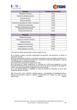 !" # $ !" ""
% & ' ( ))(*++, , , - (- "
Receitas Previsão de Arrecadação
Receitas de Serviços 2.000
Receita de alienação de bens 3.400
Receitas de juros 2.300
Receitas tributárias 15.300
Receitas de operações de crédito - Contratual 15.500
Receitas de contribuições 12.500
Receitas de operações de crédito -
refinanciamento da dívida
20.000
Receitas da dívida ativa 2.000
Despesas Dotação
Despesa de pessoal 21.000
Despesa de inversão financeira 13.000
Despesa de juros 2.500
Despesa de investimentos 7.500
Despesa de amortização 20.000
Outras despesas correntes 9.000
Com base nos dados apresentados, marque a opção correta.
a) A proposta respeita o princípio orçamentário do equilíbrio, mas apresenta um déficit no
orçamento corrente.
b) O ente ainda poderá incorporar na proposta orçamentária novas operações de crédito com a
finalidade de realizar despesas correntes, até o montante de 5.000, sem desrespeitar a regra de
ouro estabelecida na Constituição Federal.
c) O superávit do orçamento de capital foi de 1.600.
d) A aprovação de crédito suplementar no montante de 10.000 para pagamento de juros
referente ao refinanciamento da dívida, tendo como fonte de recursos receitas de operações de
crédito, precisará de aprovação do legislativo por maioria simples.
e) O ente poderá destinar a totalidade ou parte da Receita de Alienação de Bens para
pagamento de juros da dívida.
101. (Prova: FCC - 2010 - TRE-AM - Analista Judiciário - Contabilidade / Contabilidade Pública /
Balanço Orçamentário) Observe o Balanço Orçamentário (em milhões de reais) de uma
determinada entidade pública:
 
