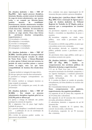 212. (Analista Judiciário – Adm – TRT 22ª             (E) a comissão tem prazo improrrogável de 60
Reg.2004) - Após regular processo disciplinar,        (sessenta) dias para concluir o processo disciplinar.
Aristóteles Mendes, servidor estável, foi demitido
do cargo de técnico administrativo, que passou,       215. (Analista Jud. – Jud/Exec Mand – TRT 22ª
então, a ser ocupado por Hércules Júnior,             Reg. 2004) -Com a nomeação de Agenor para o
também         detentor        de     estabilidade.   cargo de Analista Judiciário do Tribunal
Posteriormente, decisão administrativa invalidou      Regional do Trabalho da 22ª Região, pode-se
a penalidade de demissão acima mencionada. Em         asseverar que o correspondente ato constitui
virtude desse fato, Aristóteles foi reinvestido no    forma de
cargo de técnico administrativo e Hércules            (A) provimento originário a esse cargo público,
retornou ao cargo anterior. Essas duas formas         ficando a investidura na dependência da posse e
de        provimento descritas correspondem,          exercício.
respectivamente, à                                    (B) investidura originária no citado cargo
(A) recondução e à reversão.                          público,     ocor- rendo o provimento com o
(B) readaptação e à recondução.                       exercício.
(C) reversão e à reintegração.                        (C) ascensão ao referido cargo público, ao passo que
(D) reintegração e à readaptação.                     a investidura ocorre com a nomeação.
(E) reintegração e à recondução.                      (D) investidura derivada ao respectivo cargo
                                                      público, podendo ocorrer o provimento com o
213. (Analista Judiciário – Adm – TRT 22ª             exercício.
R/2004) - Servidor público de autarquia federal       (E) provimento desse cargo público, sendo que a
foi investido no cargo de vereador da cidade          investidura ocorrerá com a posse.
de Vento Forte. Como a Câmara Municipal
se reúne apenas 2 (duas) vezes por semana, no         216. (Analista Judiciário – Jud/Exec Mand –
período da noite, o servidor passou a exercer         TRT 22ª Reg. 2004) - Analise                      os
ambos os cargos, uma vez que havia                    comportamentos dos servidores públicos do
compatibilidade de horários. Em virtude desse         Ministério da Justiça a seguir descritos:
fato,                                                 I. O ato de Paulo levar para a sua residência,
A) apenas receberá as vantagens do cargo eletivo.     sem prévia autorização da autoridade competente, o
B) terá que optar por uma das duas remunerações.      seu superior hierárquico, o notebook pertencente
C) perceberá as vantagens correspondentes aos         àquele Ministério, para fim de realizar
dois cargos.                                          trabalho da Faculdade.
D) somente receberá as vantagens inerentes ao         II. A conduta de Djanir no sentido de proceder,
cargo ocupado na autarquia.                           reiteradamente, de forma desidiosa no exercício das
E) perceberá 50% (cinqüenta por cento) de cada        suas funções.
remuneração                                           III. A inassiduidade habitual de Jurandir.
                                                      Esses       comportamentos          são    passíveis,
214. (Analista Judiciário – Adm – TRT 22ª             respectivamente, das seguintes penalidades:
R/2004) - Em relação ao processo                      (A) suspensão de até 20 (vinte) dias, suspensão de
administrativo disciplinar regulado pela Lei no       até 30 (trinta) dias e advertência.
8.112/90, pode-se afirmar que                         (B) suspensão de até 60 (sessenta) dias convertida
(A) apenas o cônjuge do indiciado não poderá          em multa, advertência e demissão.
participar da comissão de inquérito.                  C) advertência, demissão e suspensão de até 60
(B) o julgamento fora do prazo legal implica          (sessenta) dias
nulidade do processo.                                 D) demissão, suspensão de 15 (quinze) dias,
(C) o processo disciplinar é considerado instaurado   converti- da em multa, e advertência.
com        a publicação do ato de constituição da     E) advertência, suspensão de até 90 (noventa)
comissão de inquérito.                                dias e demissão.
(D) a revisão do processo poderá resultar no
agravamento da penalidade.
      37
 