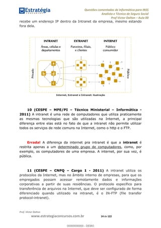 Questões comentadas de Informática para INSS
Analista e Técnico de Seguro Social
Prof Victor Dalton Aula 00
Prof. Victor Dalton
www.estrategiaconcursos.com.br 14 de 122
recebe um endereço IP dentro da Intranet da empresa, mesmo estando
fora dela.
Internet, Extranet e Intranet: ilustração
10 (CESPE MPE/PI Técnico Ministerial Informática -
2011) A intranet é uma rede de computadores que utiliza praticamente
as mesmas tecnologias que são utilizadas na Internet, a principal
diferença entre elas está no fato de que a intranet não permite utilizar
todos os serviços de rede comuns na Internet, como o http e o FTP.
Errada! A diferença da internet pra intranet é que a intranet é
restrita apenas a um determinado grupo de computadores, como, por
exemplo, os computadores de uma empresa. A internet, por sua vez, é
pública.
11 (CESPE CNPQ Cargo 1 - 2011) A intranet utiliza os
protocolos da Internet, mas no âmbito interno de empresas, para que os
empregados possam acessar remotamente dados e informações
corporativas a partir de suas residências. O protocolo específico para
transferência de arquivos na Internet, que deve ser configurado de forma
diferenciado quando utilizado na intranet, é o IN-FTP (file transfer
protocol-intranet).
00000000000
00000000000 - DEMO
 