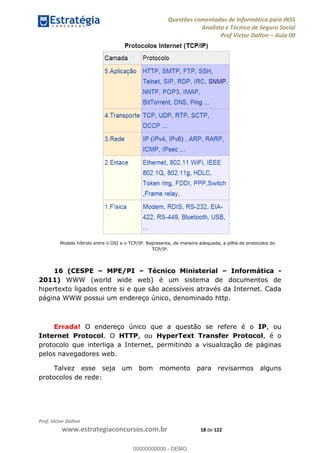 Questões comentadas de Informática para INSS
Analista e Técnico de Seguro Social
Prof Victor Dalton Aula 00
Prof. Victor Dalton
www.estrategiaconcursos.com.br 18 de 122
Modelo híbrido entre o OSI e o TCP/IP. Representa, de maneira adequada, a pilha de protocolos do
TCP/IP.
16 (CESPE MPE/PI Técnico Ministerial Informática -
2011) WWW (world wide web) é um sistema de documentos de
hipertexto ligados entre si e que são acessíveis através da Internet. Cada
página WWW possui um endereço único, denominado http.
Errada! O endereço único que a questão se refere é o IP, ou
Internet Protocol. O HTTP, ou HyperText Transfer Protocol, é o
protocolo que interliga a Internet, permitindo a visualização de páginas
pelos navegadores web.
Talvez esse seja um bom momento para revisarmos alguns
protocolos de rede:
00000000000
00000000000 - DEMO
 