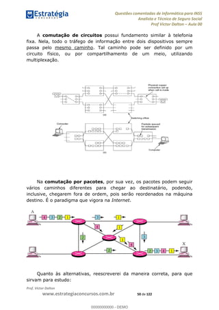 Questões comentadas de Informática para INSS
Analista e Técnico de Seguro Social
Prof Victor Dalton Aula 00
Prof. Victor Dalton
www.estrategiaconcursos.com.br 50 de 122
A comutação de circuitos possui fundamento similar à telefonia
fixa. Nela, todo o tráfego de informação entre dois dispositivos sempre
passa pelo mesmo caminho. Tal caminho pode ser definido por um
circuito físico, ou por compartilhamento de um meio, utilizando
multiplexação.
Na comutação por pacotes, por sua vez, os pacotes podem seguir
vários caminhos diferentes para chegar ao destinatário, podendo,
inclusive, chegarem fora de ordem, pois serão reordenados na máquina
destino. É o paradigma que vigora na Internet.
Quanto às alternativas, reescreverei da maneira correta, para que
sirvam para estudo:
00000000000
00000000000 - DEMO
 