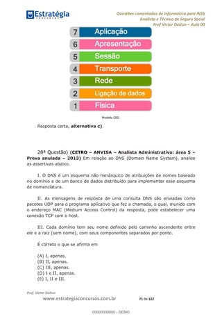 Questões comentadas de Informática para INSS
Analista e Técnico de Seguro Social
Prof Victor Dalton Aula 00
Prof. Victor Dalton
www.estrategiaconcursos.com.br 71 de 122
Modelo OSI.
Resposta certa, alternativa c).
28ª Questão) (CETRO ANVISA Analista Administrativo: área 5
Prova anulada 2013) Em relação ao DNS (Domain Name System), analise
as assertivas abaixo.
I. O DNS é um esquema não hierárquico de atribuições de nomes baseado
no domínio e de um banco de dados distribuído para implementar esse esquema
de nomenclatura.
II. As mensagens de resposta de uma consulta DNS são enviadas como
pacotes UDP para o programa aplicativo que fez a chamada, o qual, munido com
o endereço MAC (Medium Access Control) da resposta, pode estabelecer uma
conexão TCP com o host.
III. Cada domínio tem seu nome definido pelo caminho ascendente entre
ele e a raiz (sem nome), com seus componentes separados por ponto.
É correto o que se afirma em
(A) I, apenas.
(B) II, apenas.
(C) III, apenas.
(D) I e II, apenas.
(E) I, II e III.
00000000000
00000000000 - DEMO
 