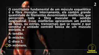 O constituinte fundamental de um músculo esquelético
é a fibra muscular. Internamente, ela contém grande
quantidade de filamentos denominados miofibrilas, que
percorrem toda a fibra muscular no sentido
longitudinal. Essas miofibrilas apresentam um padrão
de faixas, ou estrias, transversais que se repete e que
constitui a unidade contrátil básica de um músculo
estriado, o
A- tendão.
B- miócito.
C- disco Z.
D- miômero.
 
