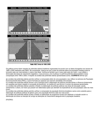 Os gráficos acima dizem respeito às pirâmides etárias brasileiras organizadas de acordo com os dados divulgados nos censos de
1980 e 2000 realizados pelo IBGE. Na comparação, observa-se que a base da pirâmide etária da população brasileira está se
tornando cada vez mais estreita e o ápice mais largo. Verifica-se também que o corpo está cada vez maior, o que reflete a
diminuição das taxas de crescimento vegetativo, o que provocou uma mudança no perfil da pirâmide etária brasileira nessa
comparação entre 1980 e 2000. A respeito da análise das pirâmides etárias apresentadas acima, éCORRETO afirmar que

a) a analise das pirâmides etárias permite verificar a composição etária de uma população e seu reflexo na estrutura da População
Economicamente Ativa (PEA), a qual é formada por pessoas que exercem atividades remuneradas.
b) a análise das pirâmides etárias servem como subsídios para a elaboração de políticas previdenciárias e influencia diretamente
em questões que dizem respeito à concessão de benefícios, na medida em que diminui o numero de pessoas aposentadas.
c) a análise das pirâmides etárias subsidia o Estado na elaboração de políticas públicas nas áreas de educação, saúde,
saneamento e cultura, de modo que possam ser elaboradas ações que atendam às expectativas de uma população cada vez mais
jovem.
d) a análise das pirâmides etárias permite verificar a composição da população feminina brasileira e serve como subsídio para a
elaboração de políticas públicas de gênero para uma população feminina cada vez mais jovem.
e) a análise das pirâmides etárias auxilia o Estado na elaboração de programas sociais que objetivam a inclusão social e a
distribuição de renda na intenção de corrigir as distorções do crescimento desigual entre a população brasileira.

(PUCRIO)
 