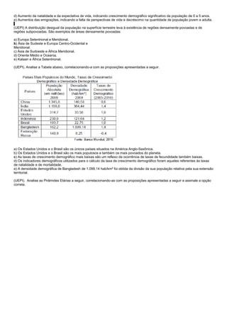 d) Aumento da natalidade e da expectativa de vida, indicando crescimento demográfico significativo da população de 0 a 5 anos.
e) Aumentos das emigrações, indicando a falta de perspectivas de vida e decréscimo na quantidade de população jovem e adulta.

(UEPI) A distribuição desigual da população na superfície terrestre leva à existência de regiões densamente povoadas e de
regiões subpovoadas. São exemplos de áreas densamente povoadas:

a) Europa Setentrional e Meridional.
b) Ásia de Sudeste e Europa Centro-Ocidental e
Meridional.
c) Ásia de Sudoeste e África Meridional.
d) Oriente Médio e Oceania.
e) Kalaari e África Setentrional.

(UEPI). Analise a Tabela abaixo, correlacionando-a com as proposições apresentadas a seguir.




a) Os Estados Unidos e o Brasil são os únicos países situados na América Anglo-Saxônica.
b) Os Estados Unidos e o Brasil são os mais populosos e também os mais povoados do planeta.
c) As taxas de crescimento demográfico mais baixas são um reflexo da ocorrência de taxas de fecundidade também baixas.
d) Os indicadores demográficos utilizados para o cálculo da taxa de crescimento demográfico foram aqueles referentes às taxas
de natalidade e de mortalidade.
e) A densidade demográfica de Bangladesh de 1.099,14 hab/km² foi obtida da divisão da sua população relativa pela sua extensão
territorial.

(UEPI). Analise as Pirâmides Etárias a seguir, correlacionando-as com as proposições apresentadas a seguir e assinale a opção
correta.
 