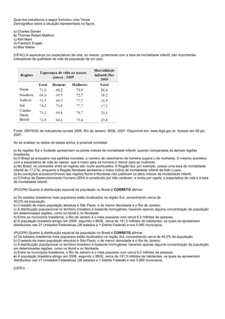 Qual dos estudiosos a seguir formulou uma Teoria
Demográfica sobre a situação representada na figura.

a) Charles Darwin
b) Thomas Robert Malthus
c) Karl Marx
d) Friedrich Engels
e) Max Weber

(UFAC) A esperança (ou expectativa) de vida, ao nascer, juntamente com a taxa de mortalidade infantil, são importantes
indicadores da qualidade de vida da população de um país.




Fonte: SÍNTESE de indicadores sociais 2006. Rio de Janeiro: IBGE, 2007. Disponível em: www.ibge.gov.br. Acesso em 26 jan.
2007.

Ao se analisar os dados da tabela acima, é possível constatar:

a) As regiões Sul e Sudeste apresentam os piores índices de mortalidade infantil, quando comparadas às demais regiões
brasileiras.
b) O Brasil se enquadra nos padrões mundiais, o número de nascimento de homens supera o de mulheres. O mesmo acontece
com a expectativa de vida ao nascer, que é maior para os homens e menor para as mulheres.
c) No Brasil, os contrastes entre as regiões são muito acentuados. A Região Sul, por exemplo, possui uma taxa de mortalidade
infantil de 17,2 ‰, enquanto a Região Nordeste apresenta o maior índice de mortalidade infantil de todo o país.
d) As condições socioeconômicas das regiões Norte e Nordeste não justificam os altos índices de mortalidade infantil.
e) O Índice de Desenvolvimento Humano (IDH) é constituído por três variáveis: a renda per capita, a expectativa de vida e a taxa
de mortalidade infantil.

(PUCPR) Quanto à distribuição espacial da população no Brasil é CORRETO afirmar:

a) Os estados brasileiros mais populosos estão localizados na região Sul, concentrando cerca de
40,0% da população.
b) O estado de maior população absoluta é São Paulo; o de menor densidade é o Rio de Janeiro.
c) A distribuição populacional no território brasileiro é bastante homogênea, havendo apenas alguma concentração da população
em determinadas regiões, como no litoral e no Nordeste.
d) Entre os municípios brasileiros, o Rio de Janeiro é o mais populoso com cerca 6,2 milhões de pessoas.
e) A população brasileira atingiu em 2008, segundo o IBGE, cerca de 191,5 milhões de habitantes, os quais se apresentam
distribuídos nas 27 Unidades Federativas (26 estados e 1 Distrito Federal) e nos 5.565 municípios.

(PUCPR) Quanto à distribuição espacial da população no Brasil é CORRETO afirmar:
a) Os estados brasileiros mais populosos estão localizados na região Sul, concentrando cerca de 40,0% da população.
b) O estado de maior população absoluta é São Paulo; o de menor densidade é o Rio de Janeiro.
c) A distribuição populacional no território brasileiro é bastante homogênea, havendo apenas alguma concentração da população
em determinadas regiões, como no litoral e no Nordeste.
d) Entre os municípios brasileiros, o Rio de Janeiro é o mais populoso com cerca 6,2 milhões de pessoas.
e) A população brasileira atingiu em 2008, segundo o IBGE, cerca de 191,5 milhões de habitantes, os quais se apresentam
distribuídos nas 27 Unidades Federativas (26 estados e 1 Distrito Federal) e nos 5.565 municípios.

(UERJ)
 