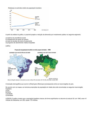 A partir da análise do gráfico, é possível projetar a redução da demanda por investimento público no seguinte segmento:

a) sistema de previdência social
b) infraestrutura de apoio ao turismo
c) rede de escolas de ensino fundamental
d) programa de atendimento médico-hospitalar

(UERJ)




A transição demográfica que ocorre no Brasil gera diferenças socioespaciais entre as macrorregiões do país.

De acordo com os mapas, as menores proporções de população em idade ativa são encontradas na seguinte macrorregião
brasileira:
a) Sul
b) Norte
c) Sudeste
d) Nordeste

(UFRGS) O gráfico mostra que a população brasileira cresceu de forma significativa no decorrer do século XX: em 1940, eram 41
milhões de habitantes; em 200, quase 170 milhões.
 