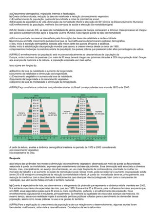 a) Crescimento demográfico, migrações internas e favelização.
b) Queda da fecundidade, redução da taxa de natalidade e redução do crescimento vegetativo.
c) Envelhecimento da população, queda da fecundidade e crise da previdência social.
d) Elevação da expectativa de vida, diminuição da mortalidade infantil e elevação do IDH (Índice de Desenvolvimento Humano).
e) Envelhecimento da população, melhoria dos serviços de saúde e elevação da mortalidade geral.

(UFAL) Desde o século XIX, as taxas de mortalidade de vários países da Europa começaram a diminuir. Esse processo só chegou
aos países subdesenvolvidos após a Segunda Guerra Mundial. Essa rápida queda da taxa de mortalidade

a) foi acompanhada na mesma intensidade pela diminuição das taxas de natalidade e de fecundidade.
b) promoveu um forte crescimento populacional que os neomalthusianos denominaram explosão demográfica.
c) deu início à transição demográfica adotada pela maior parte dos países africanos e asiáticos.
d) deu início à estabilização da população mundial que passou a crescer menos desde os anos de 1960.
e) representou mudanças na estrutura etária da população dos países pobres que passaram a ter altas porcentagens de velhos.

(UFRR) O envelhecimento da população está mudando radicalmente as características da população da
Europa, onde o número de pessoas com mais de 60 anos deverá chegar nas próximas décadas a 30% da população total. Graças
aos avanços da medicina e da ciência, a população está cada vez mais velha.

Isso ocorre em função do:

a) Declínio da taxa de natalidade e aumento da longevidade.
b) Aumento da natalidade e diminuição da longevidade.
c) Crescimento vegetativo e aumento da taxa de natalidade.
d) Aumento da longevidade e do crescimento vegetativo.
e) Declínio da taxa de mortalidade e diminuição da longevidade.

(UFRN) Faça uma leitura cuidadosa das pirâmides etárias do Brasil correspondentes aos anos de 1970 e de 2000.




A partir da leitura, analise a dinâmica demográfica brasileira no período de 1970 a 2000 considerando
a) o crescimento vegetativo;
b) a expectativa de vida.

Resposta:

a) A leitura das pirâmides nos mostra a diminuição do crescimento vegetativo, observado por meio da queda da fecundidade,
associada à queda de mortalidade, expressa pelo estreitamento da base da pirâmide. Essa diminuição está associada a diversos
fatores, mas, principalmente, ao avanço da urbanização, ao uso mais freqüente de contraceptivos, à entrada da mulher no
mercado de trabalho e ao aumento do custo de reprodução social. Desse modo, pode-se observar o aumento da população adulta
(entre 20 e 59 anos) em conseqüência da redução da mortalidade infantil. A queda da mortalidade deve-se, principalmente, aos
avanços da medicina, com a descoberta de medicamentos para doenças infectocontagiosas, bem como a campanhas de
vacinação, que vêm sendo feitas em todo o território nacional.

b) Quanto à expectativa de vida, ao observarmos o alargamento da pirâmide que representa a dinâmica etária brasileira em 2000,
fica evidente o aumento da expectativa de vida, que, em 1970, ficava entre 65 e 69 anos, para mulheres e homens, enquanto que,
em 2000, essa expectativa passa para 80 anos ou mais, significando, portanto, o envelhecimento da população. Esse
envelhecimento populacional é resultante, principalmente, da melhoria da qualidade de vida e dos avanços da medicina. Ao
mesmo tempo, essa nova realidade impõe à sociedade políticas públicas voltadas para o atendimento às demandas dessa
população, assim como novas práticas no uso e na gestão do território.

(UFRN) Para a explicação do crescimento da população e de sua relação com o desenvolvimento, algumas teorias foram
formuladas: malthusiana, reformista e neomalthusiana. Os adeptos da teoria reformista
 