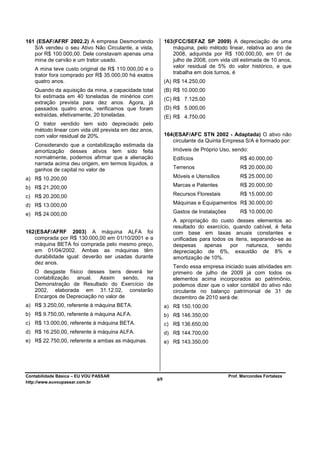 161 (ESAF/AFRF 2002.2) A empresa Desmontando                163 (FCC/SEFAZ SP 2009) A depreciação de uma
   S/A vendeu o seu Ativo Não Circulante, a vista,              máquina, pelo método linear, relativa ao ano de
   por R$ 100.000,00. Dele constavam apenas uma                 2008, adquirida por R$ 100.000,00, em 01 de
   mina de carvão e um trator usado.                            julho de 2008, com vida útil estimada de 10 anos,
                                                                valor residual de 5% do valor histórico, e que
   A mina teve custo original de R$ 110.000,00 e o
                                                                trabalha em dois turnos, é
   trator fora comprado por R$ 35.000,00 há exatos
   quatro anos.                                             (A) R$ 14.250,00
   Quando da aquisição da mina, a capacidade total          (B) R$ 10.000,00
   foi estimada em 40 toneladas de minérios com
                                                            (C) R$ 7.125,00
   extração prevista para dez anos. Agora, já
   passados quatro anos, verificamos que foram              (D) R$ 5.000,00
   extraídas, efetivamente, 20 toneladas.                   (E) R$ 4.750,00
   O trator vendido tem sido depreciado pelo
   método linear com vida útil prevista em dez anos,
   com valor residual de 20%.                               164 (ESAF/AFC STN 2002 - Adaptada) O ativo não
                                                                circulante da Quinta Empresa S/A é formado por:
   Considerando que a contabilização estimada da
   amortização desses ativos tem sido feita                    Imóveis de Próprio Uso, sendo:
   normalmente, podemos afirmar que a alienação                Edifícios                    R$ 40.000,00
   narrada acima deu origem, em termos líquidos, a
   ganhos de capital no valor de                               Terrenos                     R$ 20.000,00

a) R$ 10.200,00                                                Móveis e Utensílios          R$ 25.000,00

b) R$ 21.200,00                                                Marcas e Patentes            R$ 20.000,00

c) R$ 20.200,00                                                Recursos Florestais          R$ 15.000,00

d) R$ 13.000,00                                                Máquinas e Equipamentos R$ 30.000,00

e) R$ 24.000,00                                                Gastos de Instalações        R$ 10.000,00
                                                               A apropriação do custo desses elementos ao
                                                               resultado do exercício, quando cabível, é feita
162 (ESAF/AFRF 2003) A máquina ALFA foi                        com base em taxas anuais constantes e
    comprada por R$ 130.000,00 em 01/10/2001 e a               unificadas para todos os itens, separando-se as
    máquina BETA foi comprada pelo mesmo preço,                despesas     apenas    por    natureza,  sendo
    em 01/04/2002. Ambas as máquinas têm                       depreciação de 6%, exaustão de 8% e
    durabilidade igual: deverão ser usadas durante             amortização de 10%.
    dez anos.
                                                               Tendo essa empresa iniciado suas atividades em
   O desgaste físico desses bens deverá ter                    primeiro de julho de 2009 já com todos os
   contabilização anual.    Assim    sendo, na                 elementos acima incorporados ao patrimônio,
   Demonstração de Resultado do Exercício de                   podemos dizer que o valor contábil do ativo não
   2002, elaborada em 31.12.02, constarão                      circulante no balanço patrimonial de 31 de
   Encargos de Depreciação no valor de                         dezembro de 2010 será de:
a) R$ 3.250,00, referente à máquina BETA.                   a) R$ 150.100,00
b) R$ 9.750,00, referente à máquina ALFA.                   b) R$ 146.350,00
c) R$ 13.000,00, referente à máquina BETA.                  c) R$ 136.650,00
d) R$ 16.250,00, referente à máquina ALFA.                  d) R$ 144.700,00
e) R$ 22.750,00, referente a ambas as máquinas.             e) R$ 143.350,00




Contabilidade Básica – EU VOU PASSAR                                                   Prof. Marcondes Fortaleza
http://www.euvoupassar.com.br
                                                       69
 