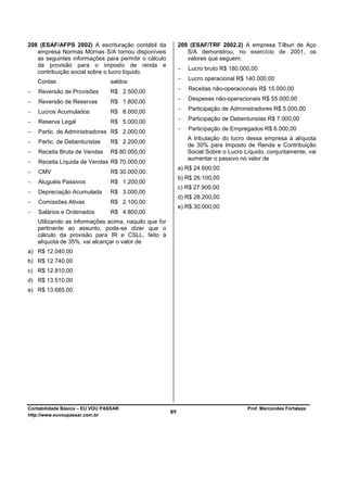 208 (ESAF/AFPS 2002) A escrituração contábil da             209 (ESAF/TRF 2002.2) A empresa Tílburi de Aço
   empresa Normas Mornas S/A tornou disponíveis                S/A demonstrou, no exercício de 2001, os
   as seguintes informações para permitir o cálculo            valores que seguem:
   da provisão para o imposto de renda e
                                                            −   Lucro bruto R$ 180.000,00
   contribuição social sobre o lucro líquido.
                                                            −   Lucro operacional R$ 140.000,00
    Contas                      saldos
                                                            −   Receitas não-operacionais R$ 15.000,00
−   Reversão de Provisões       R$ 2.500,00
                                                            −   Despesas não-operacionais R$ 55.000,00
−   Reversão de Reservas        R$ 1.800,00
                                                            −   Participação de Administradores R$ 5.000,00
−   Lucros Acumulados           R$ 8.000,00
                                                            −   Participação de Debenturistas R$ 7.000,00
−   Reserva Legal               R$ 5.000,00
                                                            −   Participação de Empregados R$ 6.000,00
−   Partic. de Administradores R$ 2.000,00
                                                                A tributação do lucro dessa empresa à alíquota
−   Partic. de Debenturistas    R$ 2.200,00
                                                                de 30% para Imposto de Renda e Contribuição
−   Receita Bruta de Vendas     R$ 80.000,00                    Social Sobre o Lucro Líquido, conjuntamente, vai
                                                                aumentar o passivo no valor de
−   Receita Líquida de Vendas R$ 70.000,00
                                                            a) R$ 24.600,00
−   CMV                         R$ 30.000,00
                                                            b) R$ 26.100,00
−   Aluguéis Passivos           R$ 1.200,00
                                                            c) R$ 27.900,00
−   Depreciação Acumulada       R$ 3.000,00
                                                            d) R$ 28.200,00
−   Comissões Ativas            R$ 2.100,00
                                                            e) R$ 30.000,00
−   Salários e Ordenados        R$ 4.800,00
    Utilizando as informações acima, naquilo que for
    pertinente ao assunto, pode-se dizer que o
    cálculo da provisão para IR e CSLL, feito à
    alíquota de 35%, vai alcançar o valor de
a) R$ 12.040,00
b) R$ 12.740,00
c) R$ 12.810,00
d) R$ 13.510,00
e) R$ 13.685,00




Contabilidade Básica – EU VOU PASSAR                                                  Prof. Marcondes Fortaleza
http://www.euvoupassar.com.br
                                                       89
 