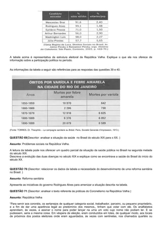 A tabela acima é representativa da estrutura eleitoral da República Velha. Explique o que ela nos oferece de
informação sobre a participação política no período.


As informações da tabela a seguir são referências para as respostas das questões 39 e 40.




(Fonte: TORRES, Dr. Theophilo – La campagne sanitaire au Brésil. Paris. Societé Generale d’impression, 1913.)


QUESTÃO 69(Descritor: analisar a situação da saúde no Brasil do século XIX para o XX. )

Assunto: Problemas sociais na República Velha.

A leitura da tabela pode nos oferecer um quadro parcial da situação da saúde pública no Brasil na segunda metade
do século XIX.
Descreva a evolução das duas doenças no século XIX e explique como se encontrava a saúde do Brasil do início do
século XX.


QUESTÃO 70 (Descritor: relacionar os dados da tabela a necessidade do desenvolvimento de uma reforma sanitária
no Brasil. )

Assunto: Reforma sanitária

Apresente as iniciativas do governo Rodrigues Alves para amenizar a situação descrita na tabela.

QUESTÃO 71 (Descritor: analisar o texto referente às práticas do Coronelismo na República Velha.)

Assunto: República Velha

“Para servir aos coronéis, os sertanejos de qualquer categoria social, trabalhador, parceiro, ou pequeno proprietário,
e a fim de dar uma aparência legal ao predomínio dos mesmos,, tinham que votar com ele. Os analfabetos
aprendiam, às vezes, a assinar o nome para poder lançar na urna um voto cujo nome não podiam ler. E se
pudessem, seria a mesma coisa. Em véspera de eleição, eram conduzidos em lotes, de qualquer modo, aos locais
de próximos dos postos eleitorais onde eram aguardados, às vezes com sentinelas, nos chamados quartéis ou
 