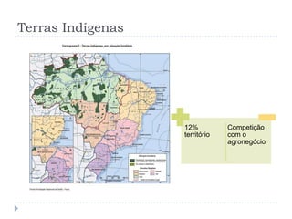 Terras Indígenas
12%
território
Competição
com o
agronegócio
 