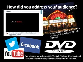 How did you address your audience?




        We released our video on VIMEO, DVD, Twitter, Facebook and
        Youtube; thanks to easy and cheap access to the internet.
 