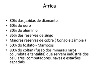 África
• 80% das jazidas de diamante
• 60% do ouro
• 30% do alumínio
• 35% das reservas de zingo
• Maiores reservas de cobre ( Congo e Zâmbia )
• 50% do fosfato - Marrocos
• 80% do coltan (fusão dos minerais raros
columbita e tantalita) que servem indústria dos
celulares, computadores, naves e estações
espaciais.
 