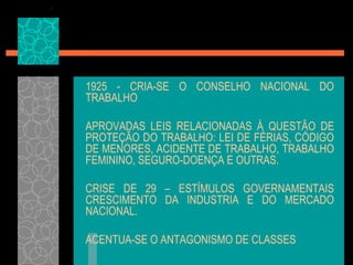 1925 - CRIA-SE O CONSELHO NACIONAL DO
TRABALHO

APROVADAS LEIS RELACIONADAS À QUESTÃO DE
PROTEÇÃO DO TRABALHO: LEI DE FÉRIAS, CÓDIGO
DE MENORES, ACIDENTE DE TRABALHO, TRABALHO
FEMININO, SEGURO-DOENÇA E OUTRAS.

CRISE DE 29 – ESTÍMULOS GOVERNAMENTAIS
CRESCIMENTO DA INDUSTRIA E DO MERCADO
NACIONAL.

ACENTUA-SE O ANTAGONISMO DE CLASSES
 