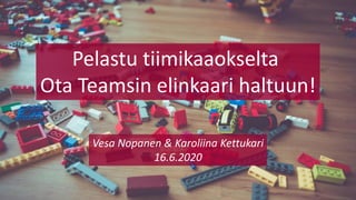 Pelastu tiimikaaokselta
Ota Teamsin elinkaari haltuun!
Vesa Nopanen & Karoliina Kettukari
16.6.2020
 