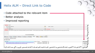 14© Perforce Software Inc. All Rights Reserved.
• Code attached to the relevant item
• Better analysis
• Improved reporting
Helix ALM – Direct Link to Code
 
