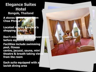 Prana Resorts and SpaKoh-Samui, ThailandQVI clubs very own eco friendly resort, set along the stunning coastline of Bophut  beach. Boasting the best in spa and holistic treatmentsSample wholesome veg cuisine at the Amala  Restaurant, specialized spa products from Amezcua Wellness Centre and activities for holistic wellnessAll rooms and villas feature traditional Thai furnishingAnd a private balcony see options of sea, garden andPool views.