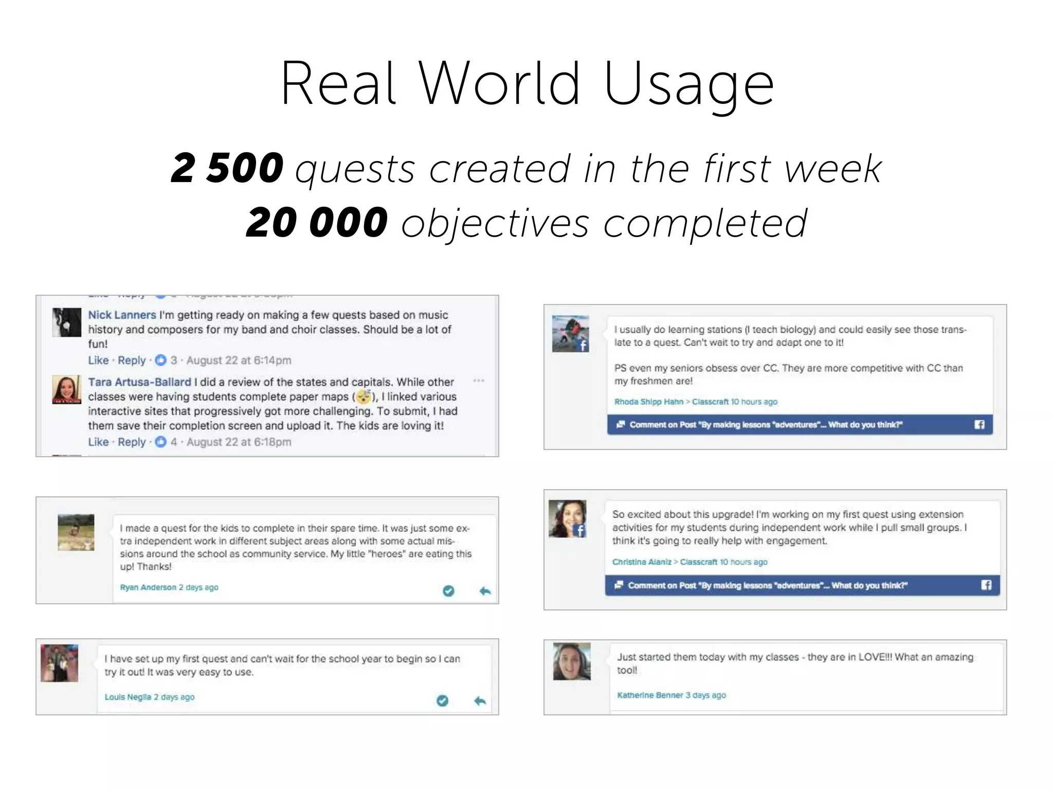 Real World Usage
2 500 quests created in the first week
20 000 objectives completed
 