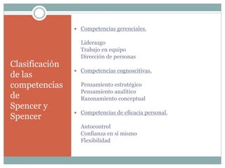 Clasificación
de las
competencias
de
Spencer y
Spencer
 Competencias gerenciales.
Liderazgo
Trabajo en equipo
Dirección de personas
 Competencias cognoscitivas.
Pensamiento estratégico
Pensamiento analítico
Razonamiento conceptual
 Competencias de eficacia personal.
Autocontrol
Confianza en sí mismo
Flexibilidad
 