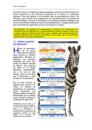 Qué es una especie 
A primera vista, el concepto de especie biológica permitiría la determinación de 
forma  inequívoca  si  los  individuos  pertenecen  a  la  misma  o  a  diferentes 
especies.  Para  las  plantas  y  los  animales  esto  es  generalmente  cierto.  Sin 
embargo, para muchos otros organismos, es imposible aplicar el concepto de 
especie biológica. Aunque no es perfecto, el concepto de especie biológica nos 
da una herramienta importante para la conceptualización y categorización de la 
gran diversidad de organismos que se encuentran en la tierra. 
1.1. ¿Cómo nombrar 
las especies? 
acer  un  seguimien­ 
to  de  un  grupo 
grande de cualquier 
cosa  requiere  un  sistema 
organizativo.  Muchas  bi­ 
bliotecas,  por  ejemplo, 
catalogan  sus  libros  utili­ 
zando  el  sistema  decimal 
de  Dewey,  que  organiza 
los  libros  en  10  clases 
diferentes,  subdividiéndo­ 
los  a  su  vez  en  más 
clases,  cada  una  de  ellas 
con  10  divisiones,  y  cada 
división en 10 secciones. 
Con  el  gran  número  de 
especies  que  existe  en  la 
Tierra,  un  sistema  de 
clasificación  es  particular­ 
mente  importante.  Los 
biólogos utilizan el sistema 
desarrollado por el biólogo 
sueco Carolus Linnaeus a 
mediados del siglo XVIII. 
Clasificación  de  una  cebra  y  su 
nombre científico (Equus quagga). 
A  medida  que  bajamos  entre  las 
cajas,  la  clasificación  va 
excluyendo  a  otros  organismos.  Si 
vamos subiendo, cada vez hay más 
organismos  incluidos  en  cada 
peldaño  de  la  imagen,  que 
representa un taxón jerárquico. 
H 
EN  SÍNTESIS:  Las  especies  son  generalmente  se  definen  como  poblaciones  de 
individuos que se cruzan entre sí, o, que posiblemente, podrían cruzarse, y que no se 
pueden cruzar con organismos de otros grupos similares. Este concepto puede ser 
aplicado fácilmente a la mayoría de las plantas y los animales, pero no es aplicable 
para muchos otros tipos de organismos.
 